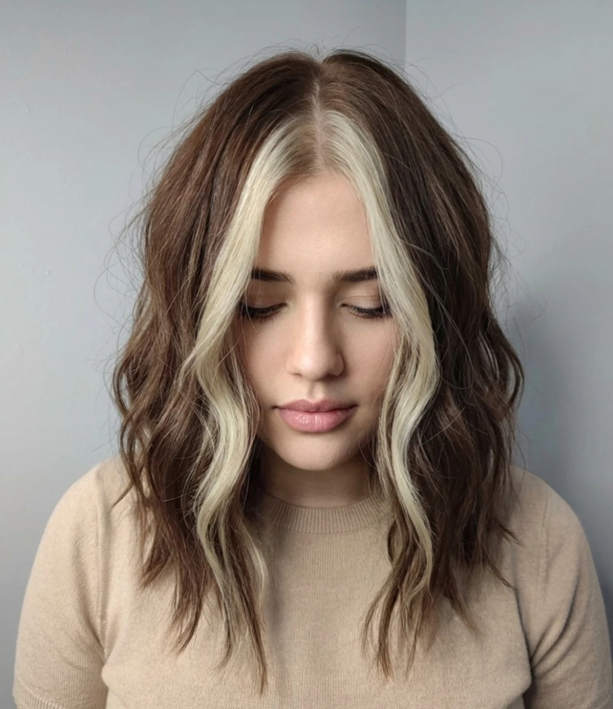 Bright Money Piece On Wavy Chocolate Brown Lob