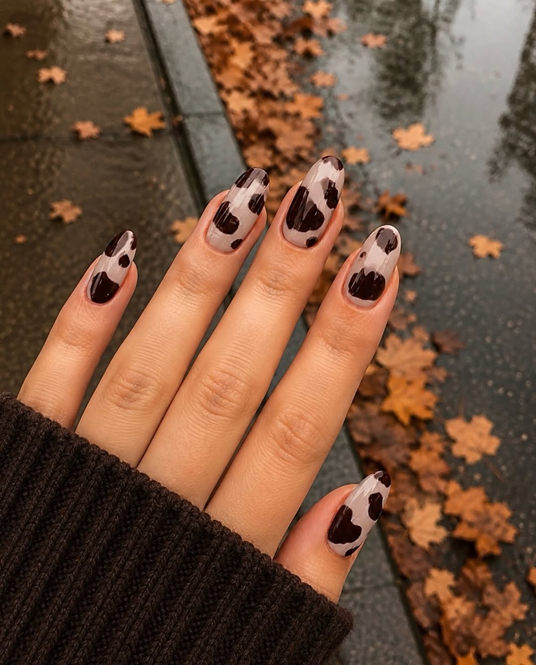 Brown Cow Print Almond Nails