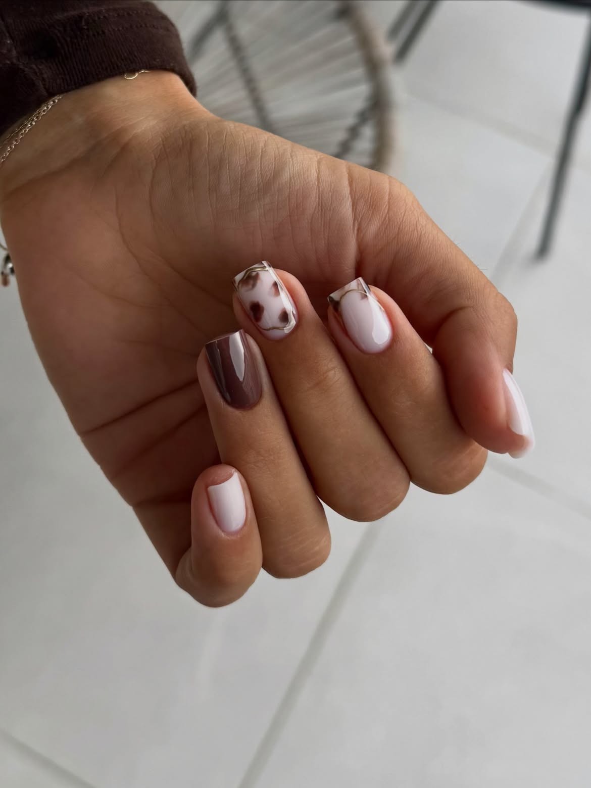 Brown Cow Print And Milky French Tips