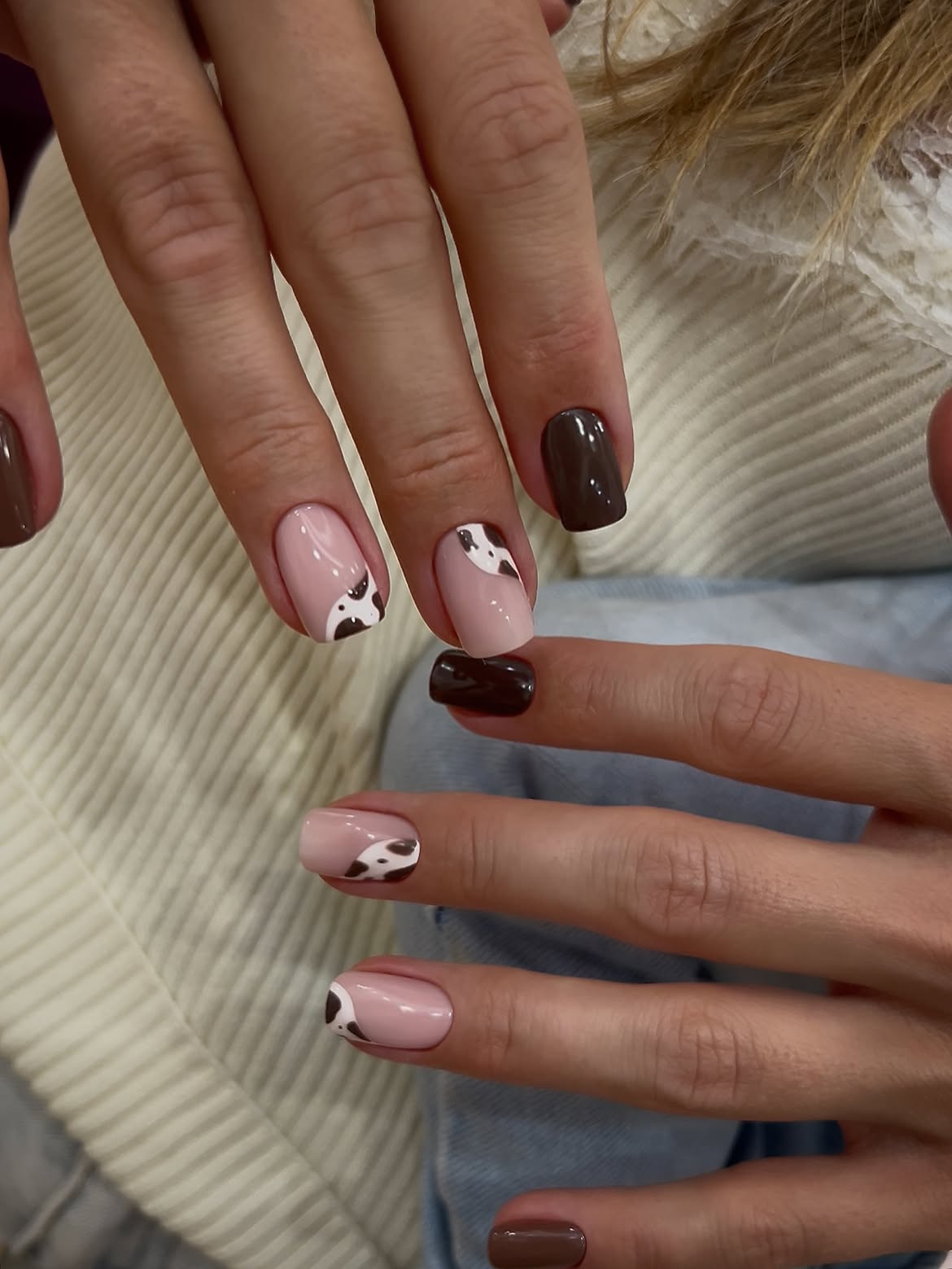 Brown Cow Print French Tip Nails