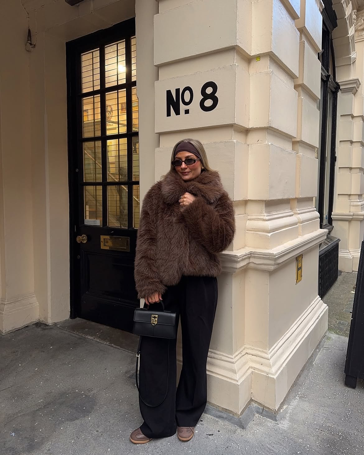 Brown Faux Fur Coat With Black Wide Leg Pants