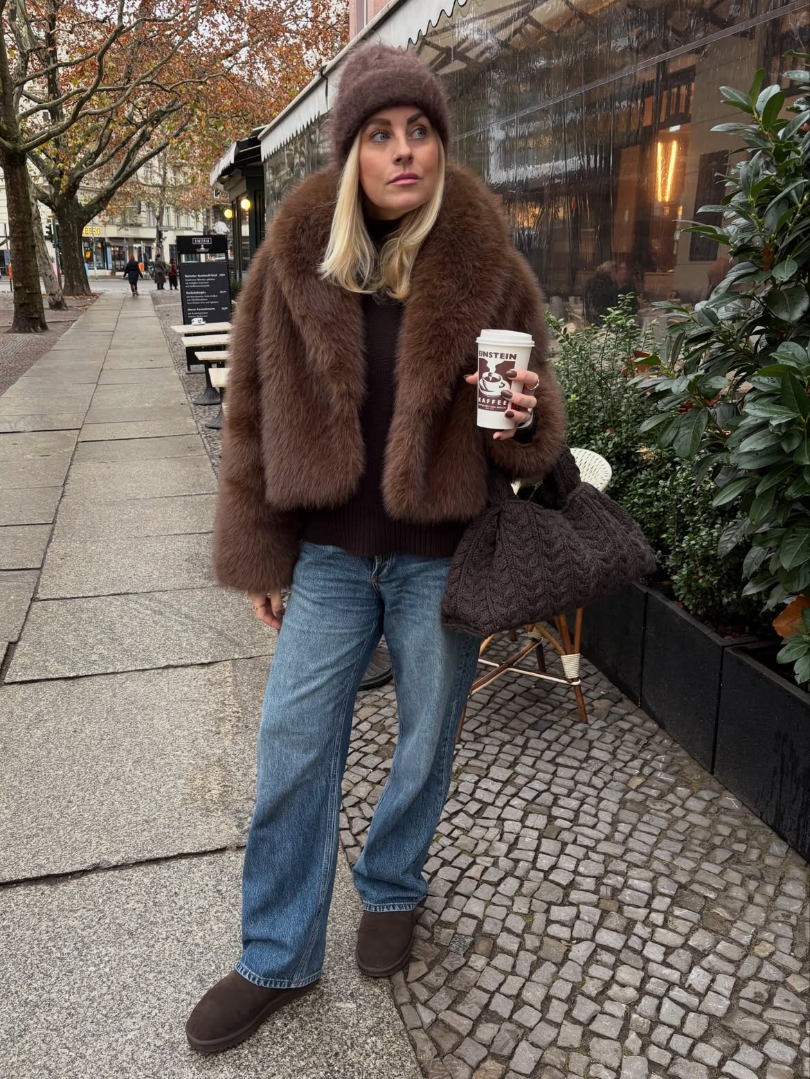 Brown Faux Fur Coat With Denim And Knit Bag