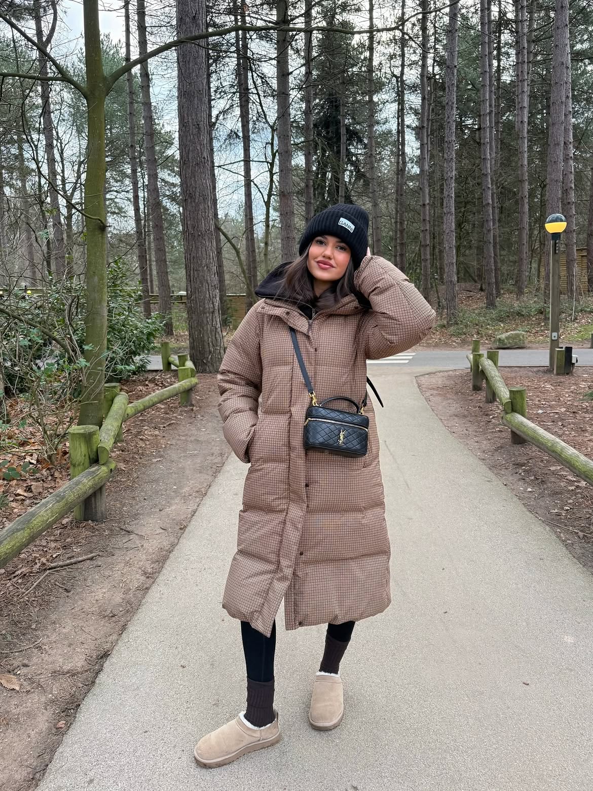 Brown Houndstooth Puffer Coat And Ugg Slides