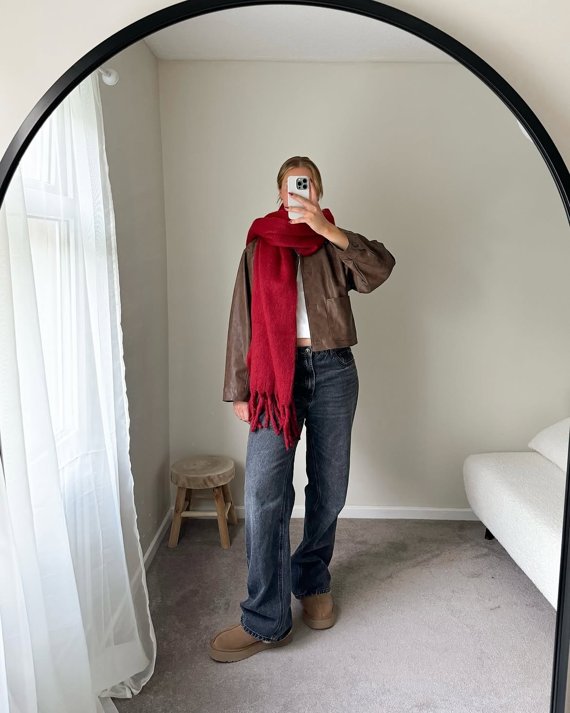 Brown Leather Jacket And Wide Leg Jeans Outfit