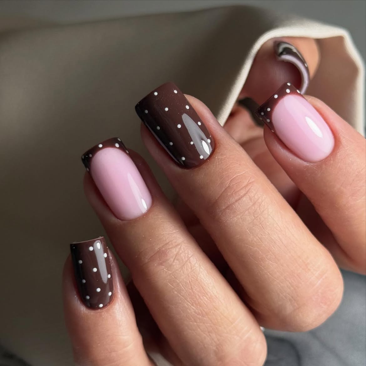 Brown Polka Dot French Manicure with Pink Base