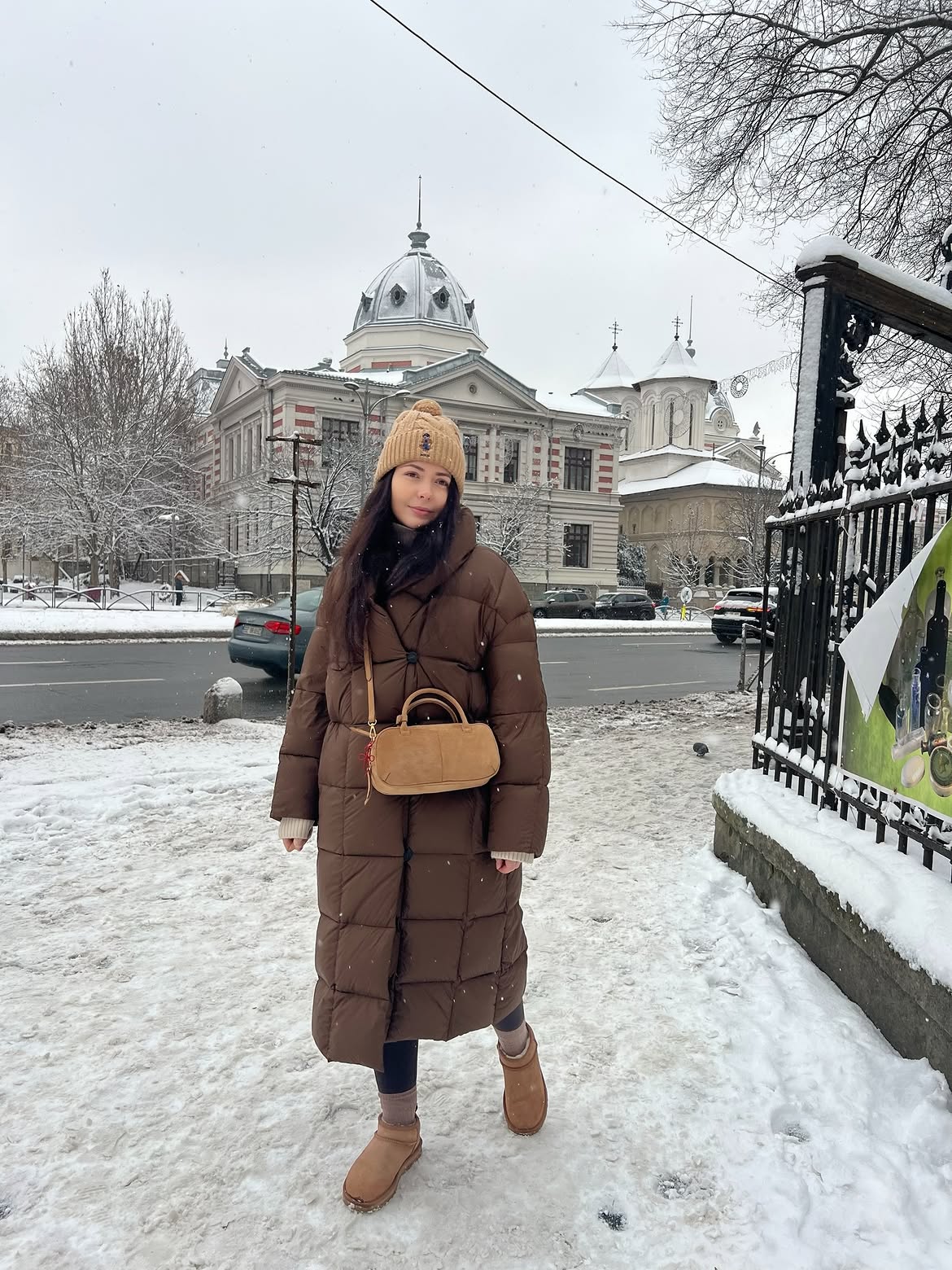 Brown Puffer Coat And Ugg Boots Winter City Look
