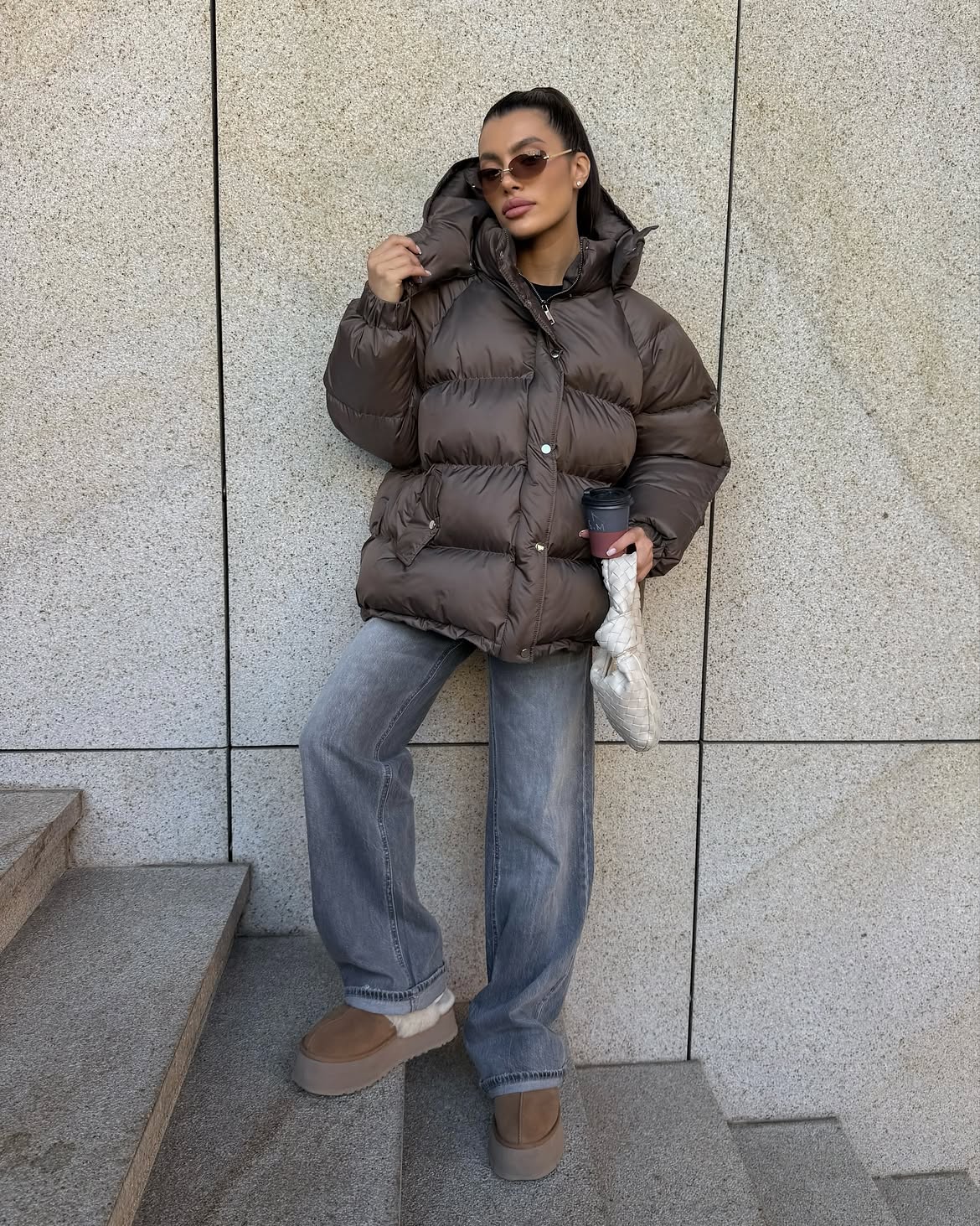 Brown Puffer Jacket With Grey Denim And Platform Boots