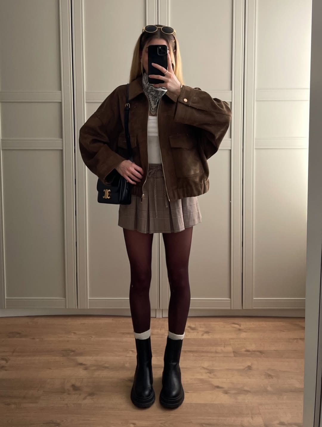 Brown Suede Bomber And Plaid Mini Skirt Look