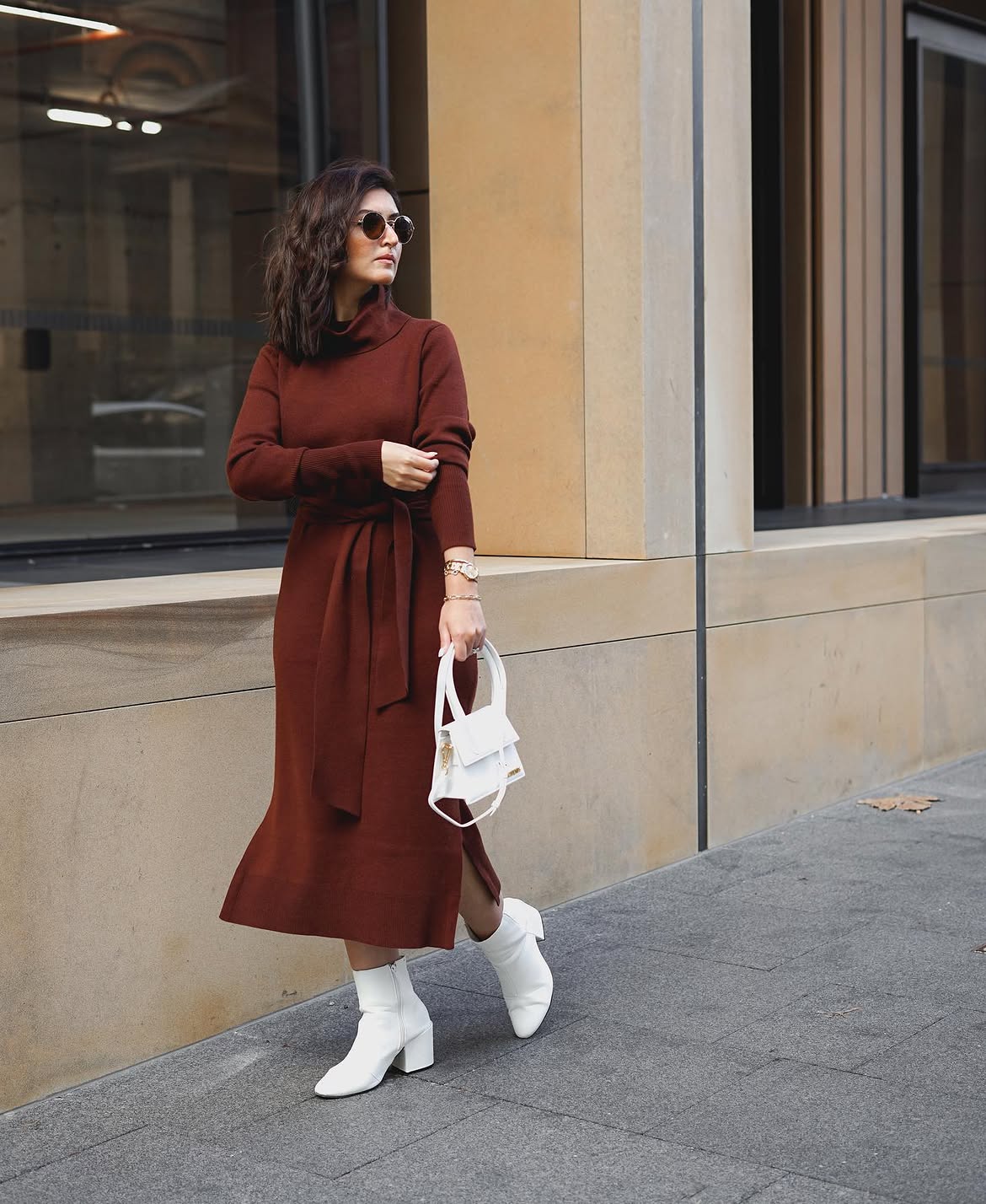 Brown Turtleneck Knit Midi Dress With White Boots