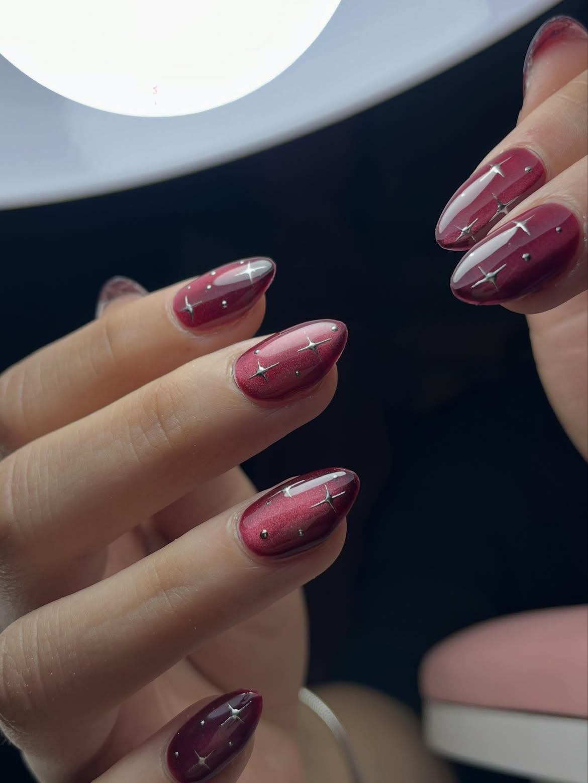 Burgundy Cat Eye Starry Night Almond Nails