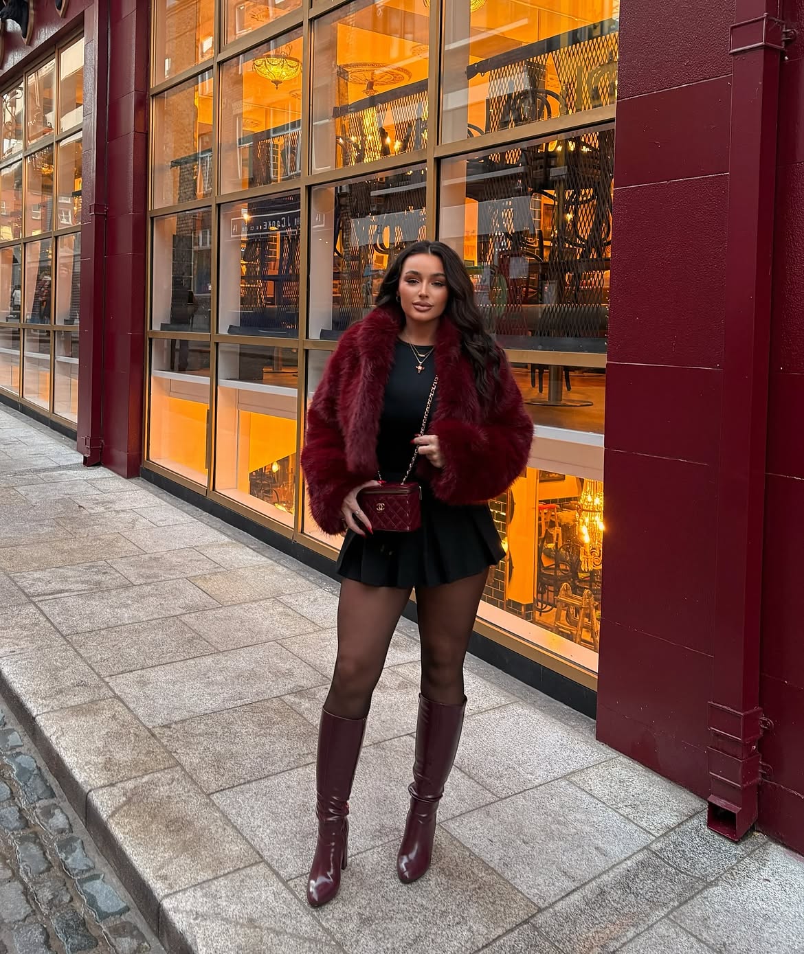 Burgundy Faux Fur Coat With Mini Skirt