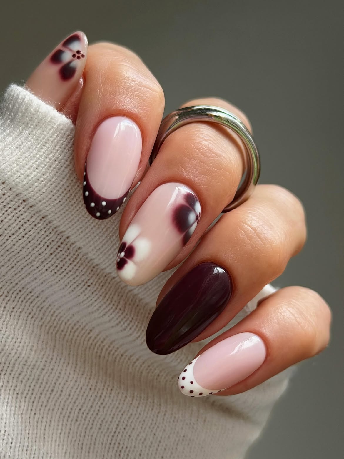 Burgundy Floral French Tip Almond Nails
