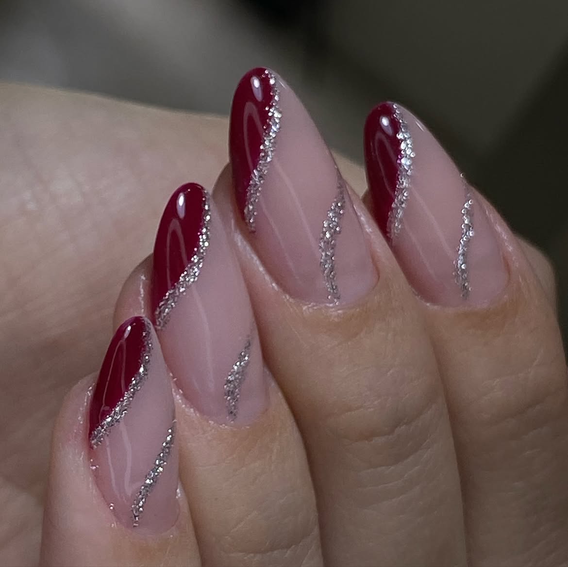 Burgundy French Ombre With Silver Glitter Accent