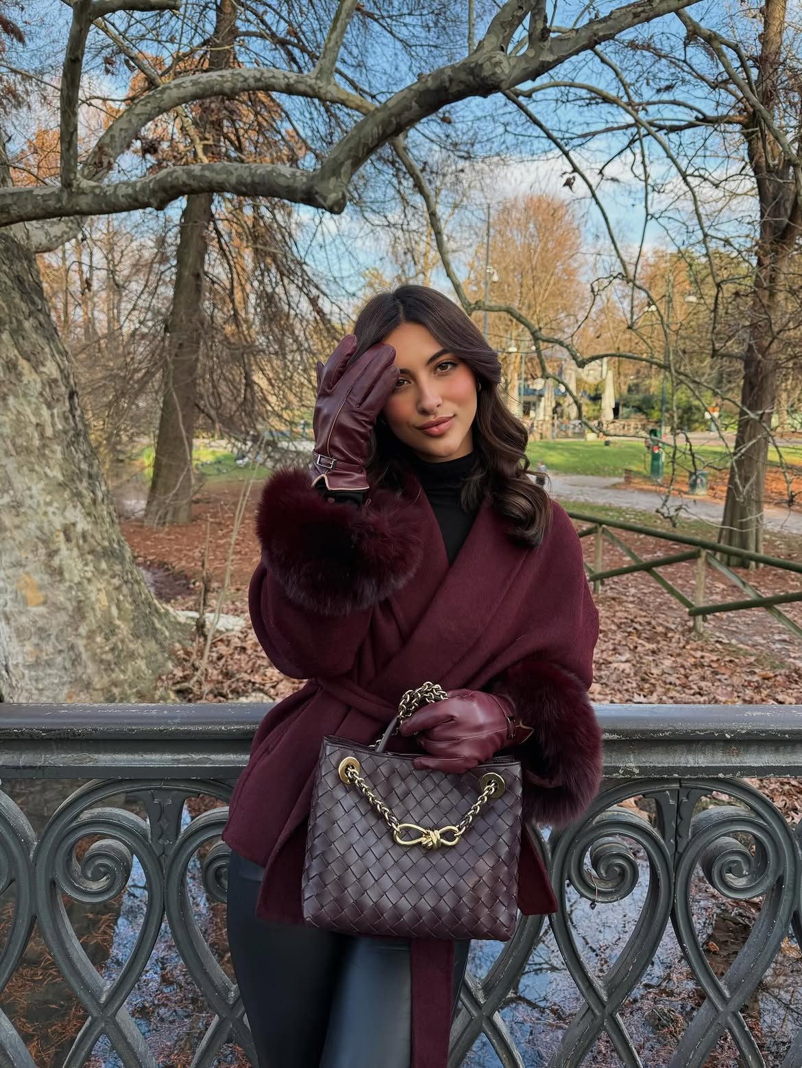 Burgundy Fur Trimmed Coat With Leather Pants