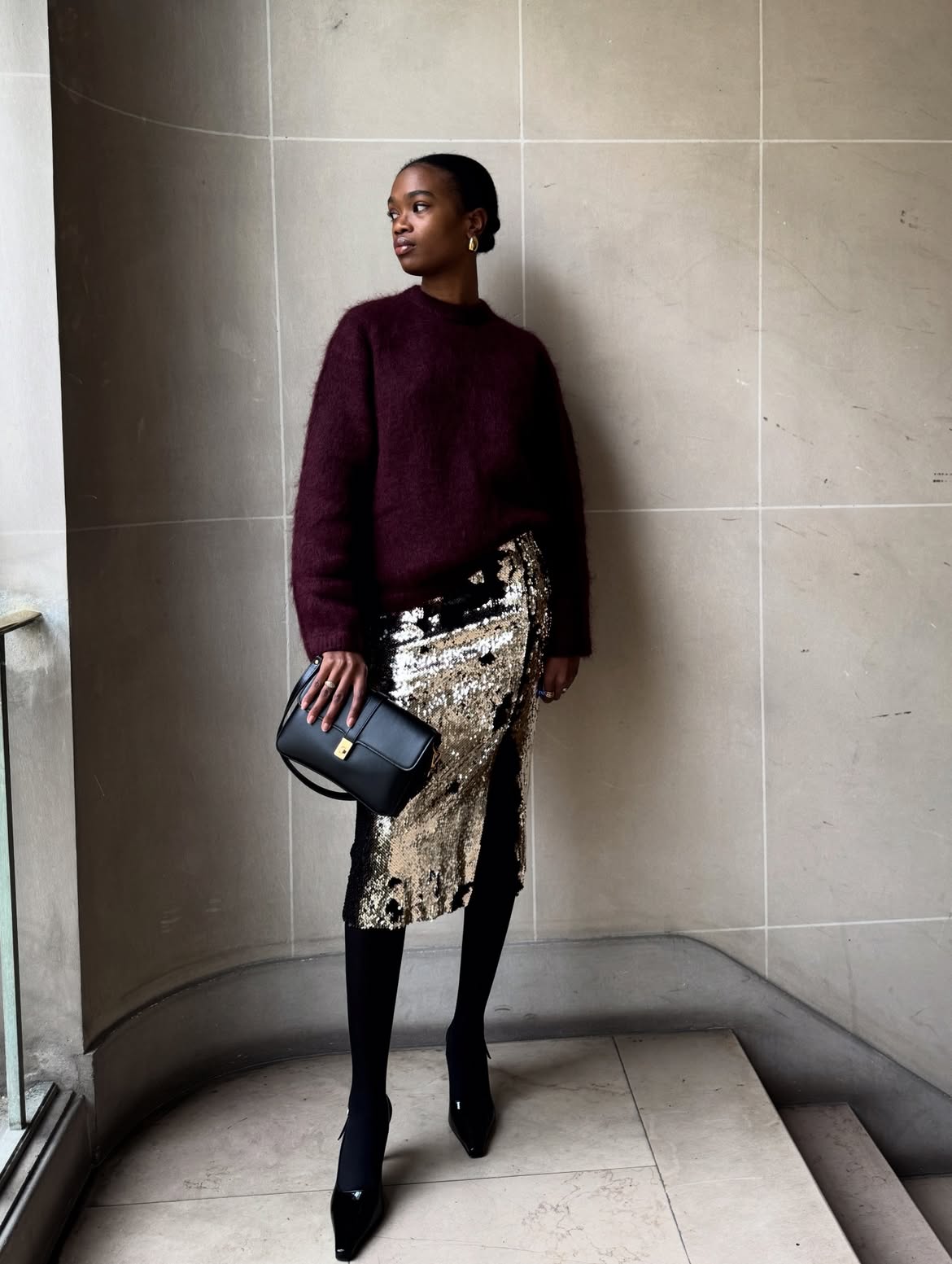 Burgundy Fuzzy Sweater With Gold Sequin Skirt
