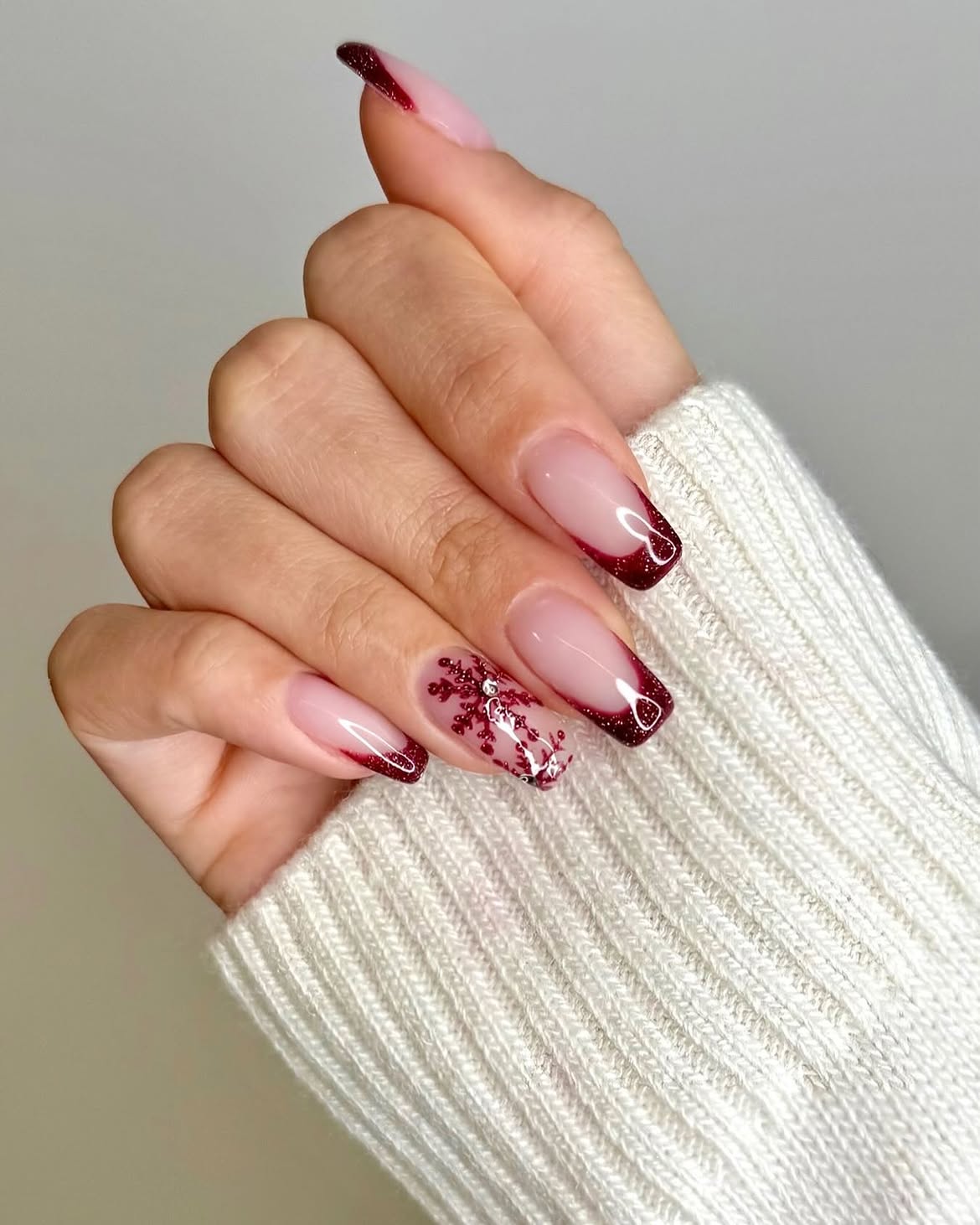 Burgundy Glitter French Snowflake Nails