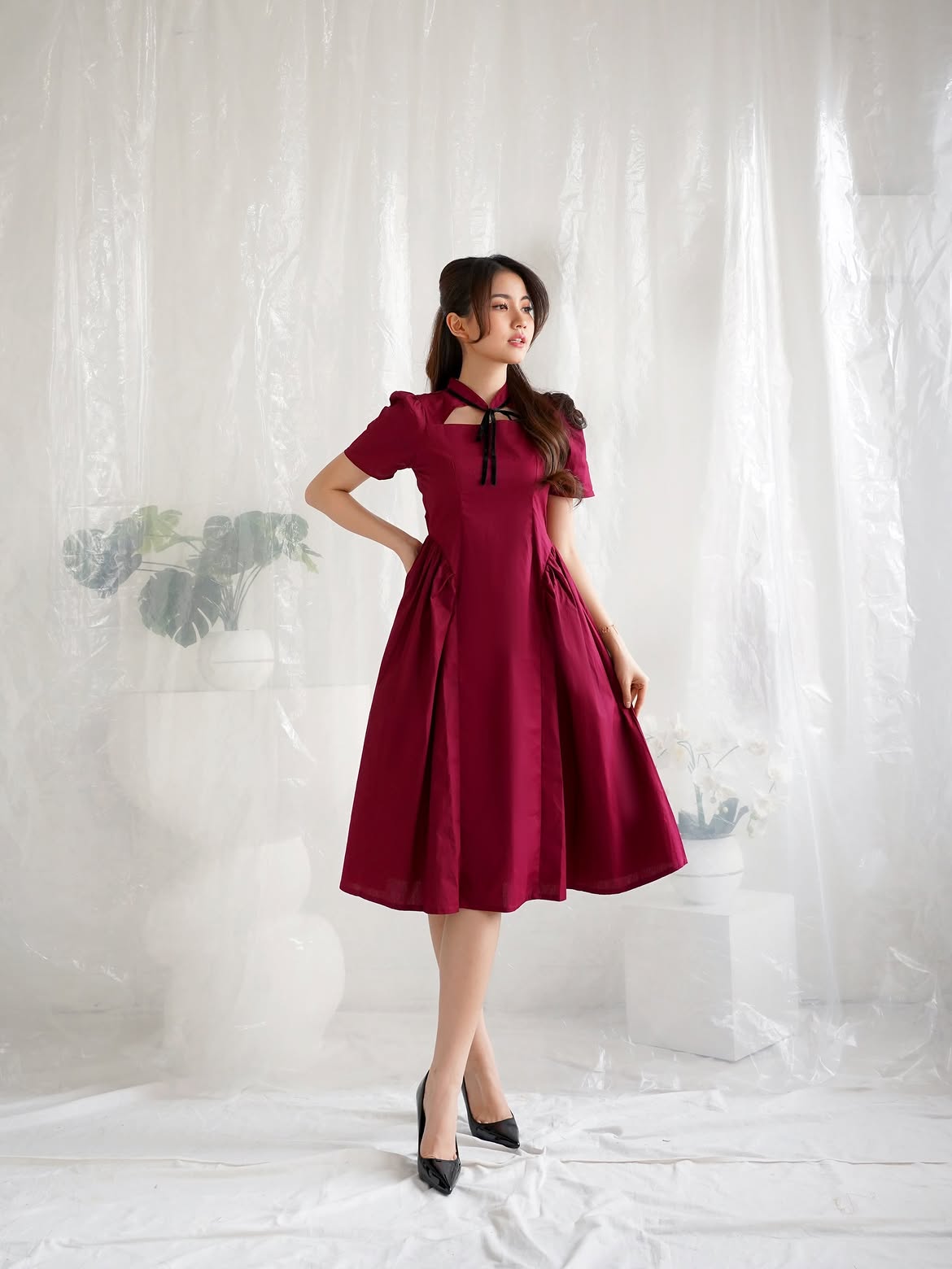 Burgundy Midi Dress With Velvet Bow Tie