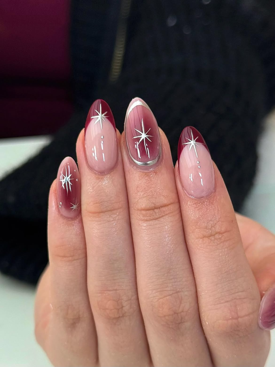 Burgundy Ombre French Tip Almond Nails with Silver Stars