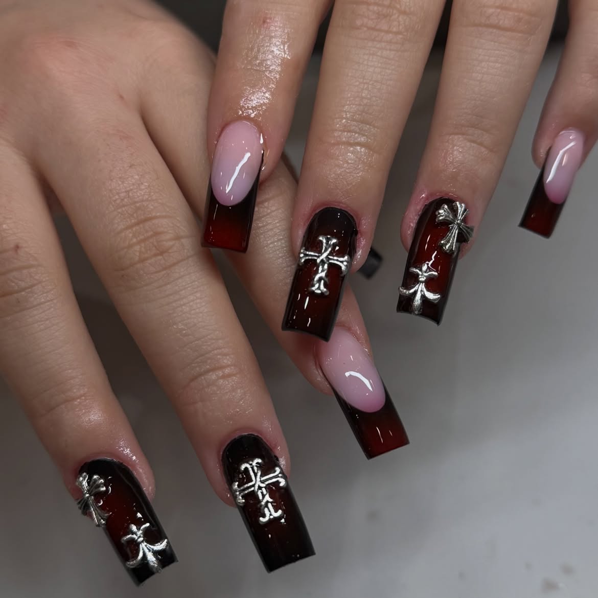 Burgundy Ombre French Tip Coffin Nails with Silver Cross Charms