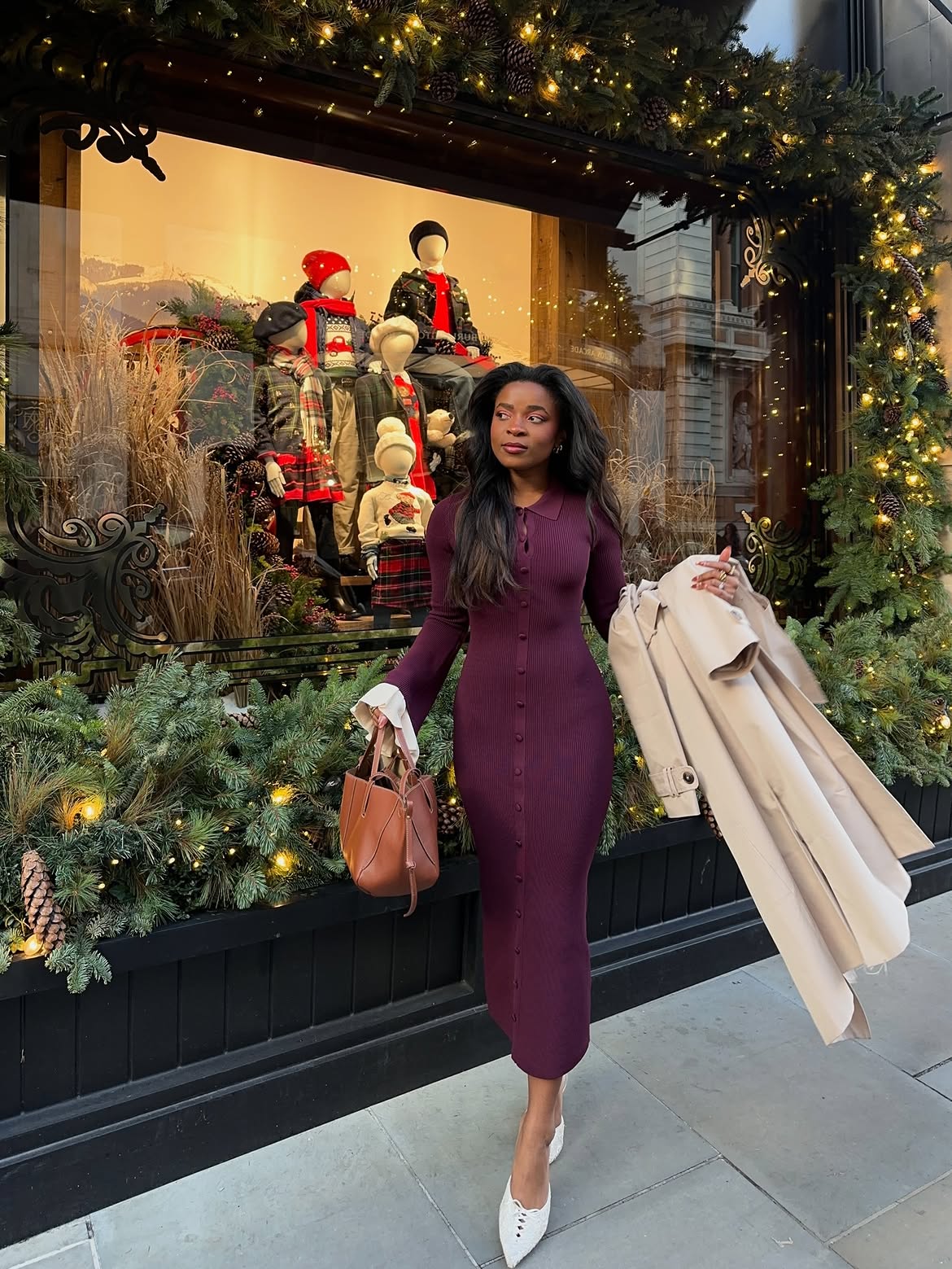 Burgundy Ribbed Midi Dress And Trench Coat