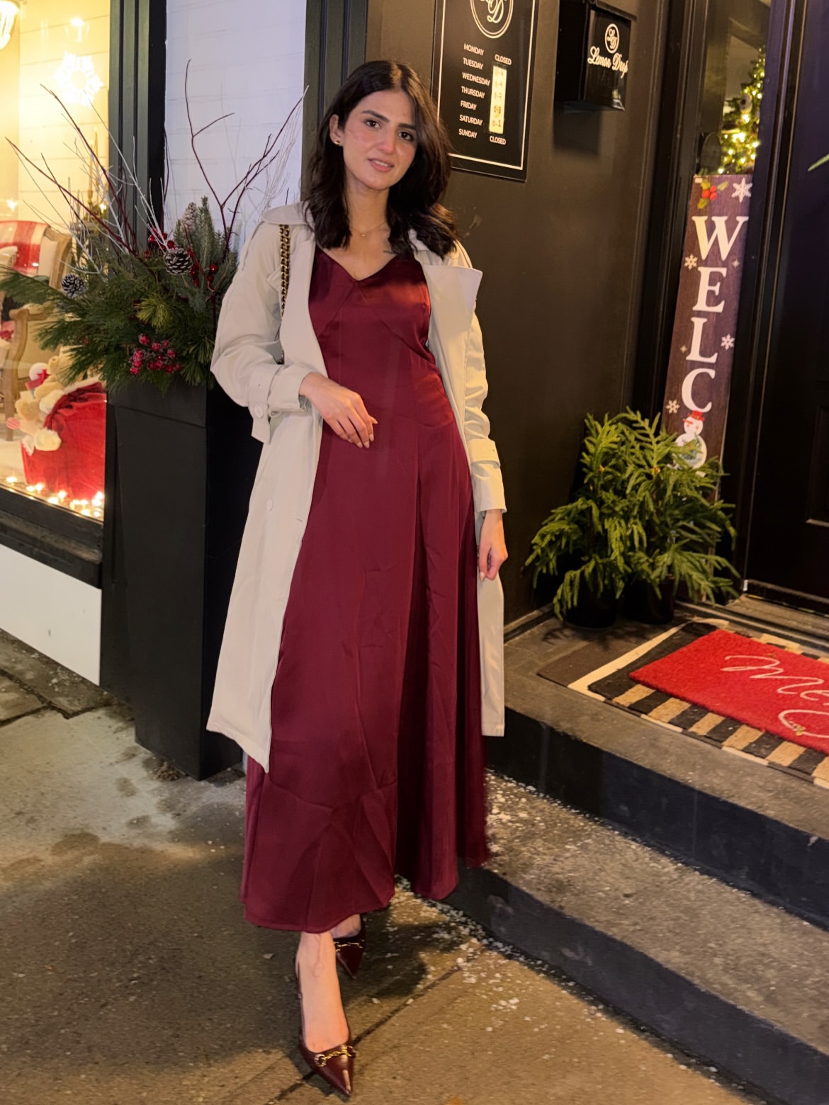 Burgundy Satin Slip Dress With Trench Coat Layer