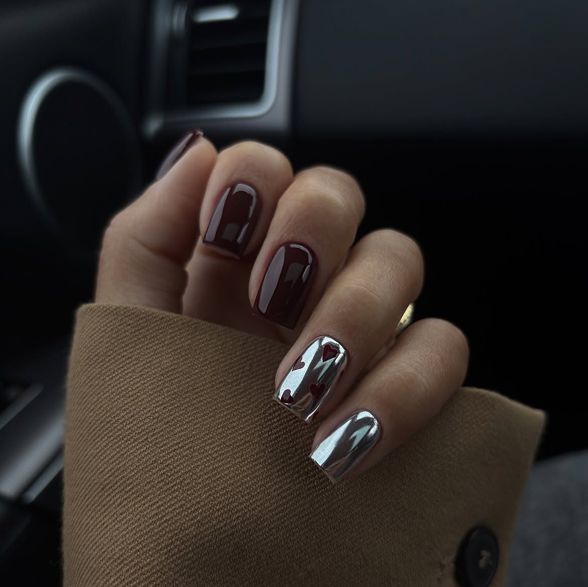 Burgundy & Silver Chrome Square Nails with Hearts