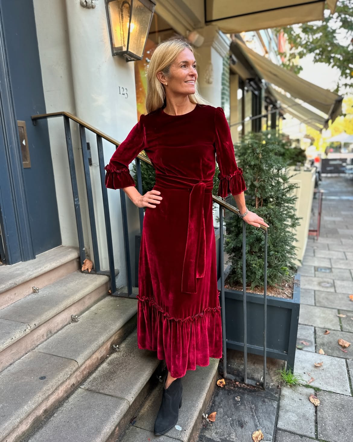Burgundy Velvet Midi Dress With Black Ankle Boots