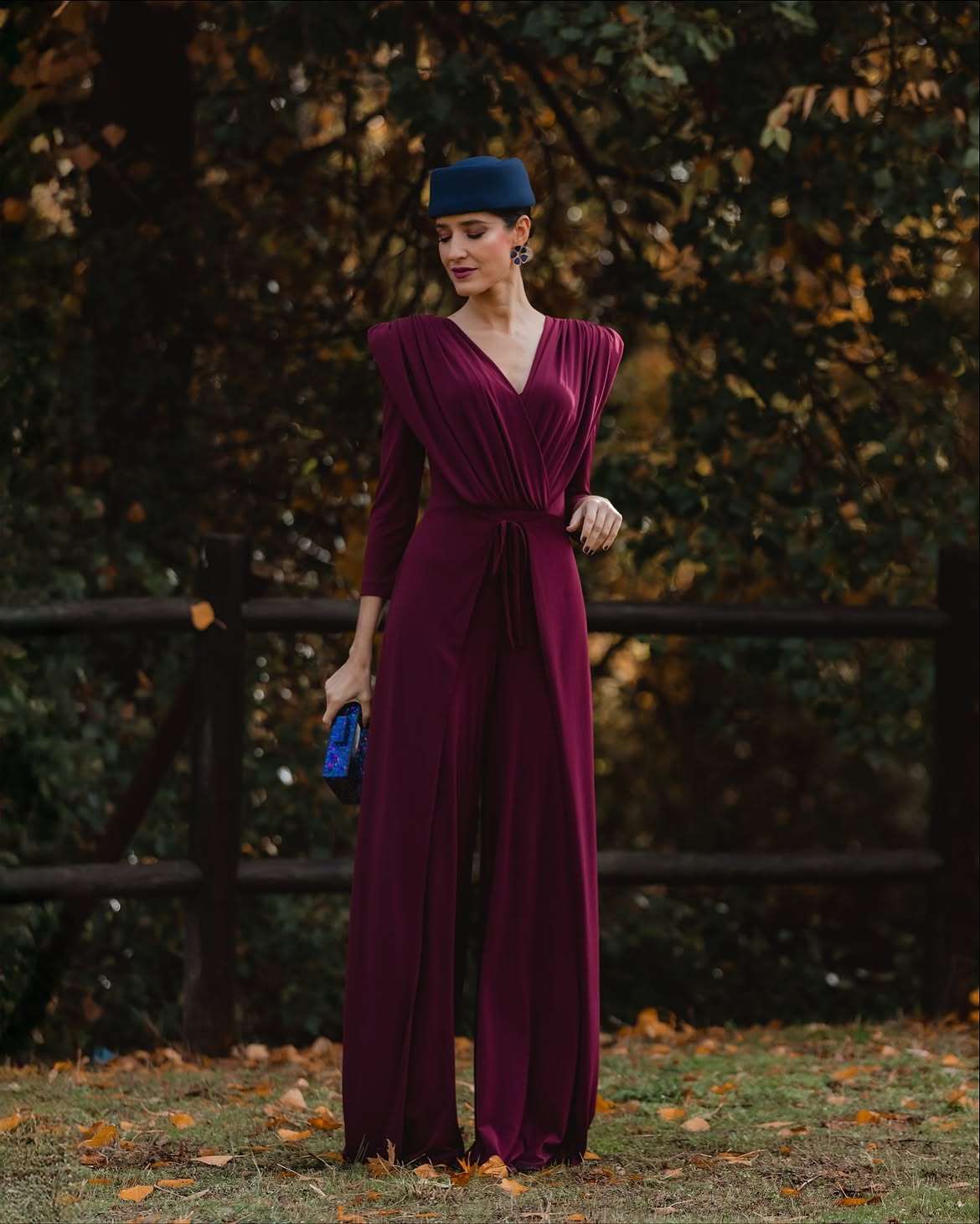 Burgundy Wide-Leg Jumpsuit With Statement Hat