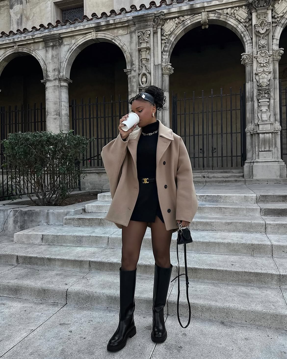 Camel Cape Coat And Knee High Boots Winter Look