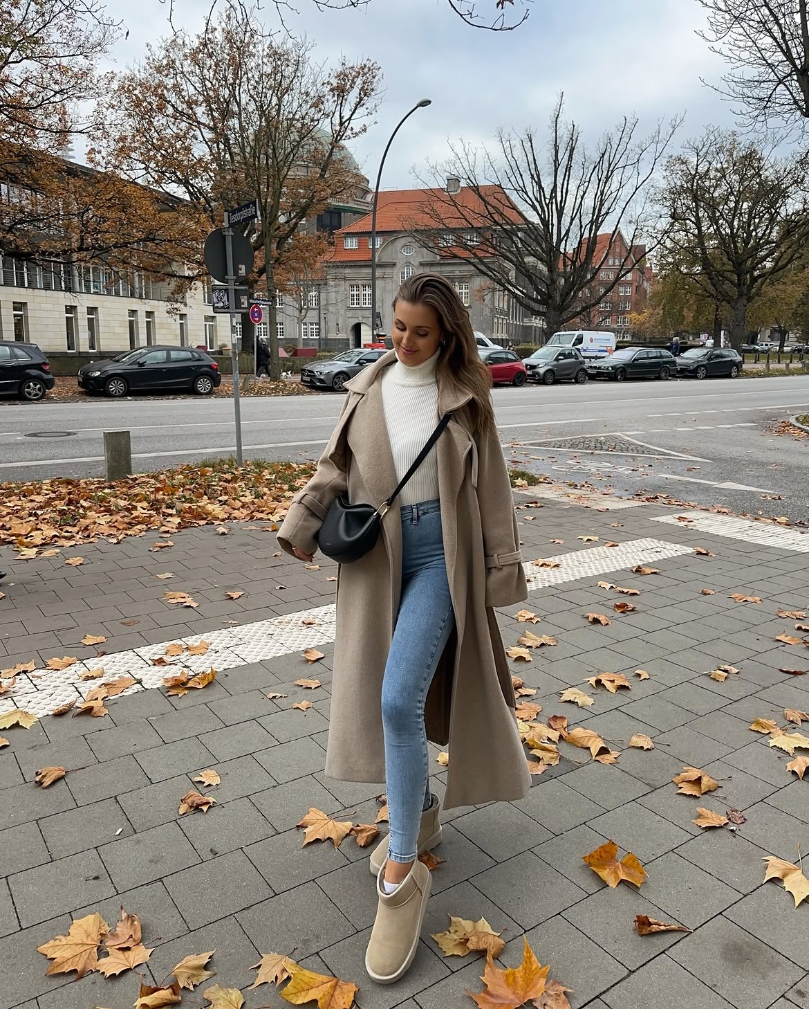 Camel Coat And Cream Turtleneck Casual Winter Outfit