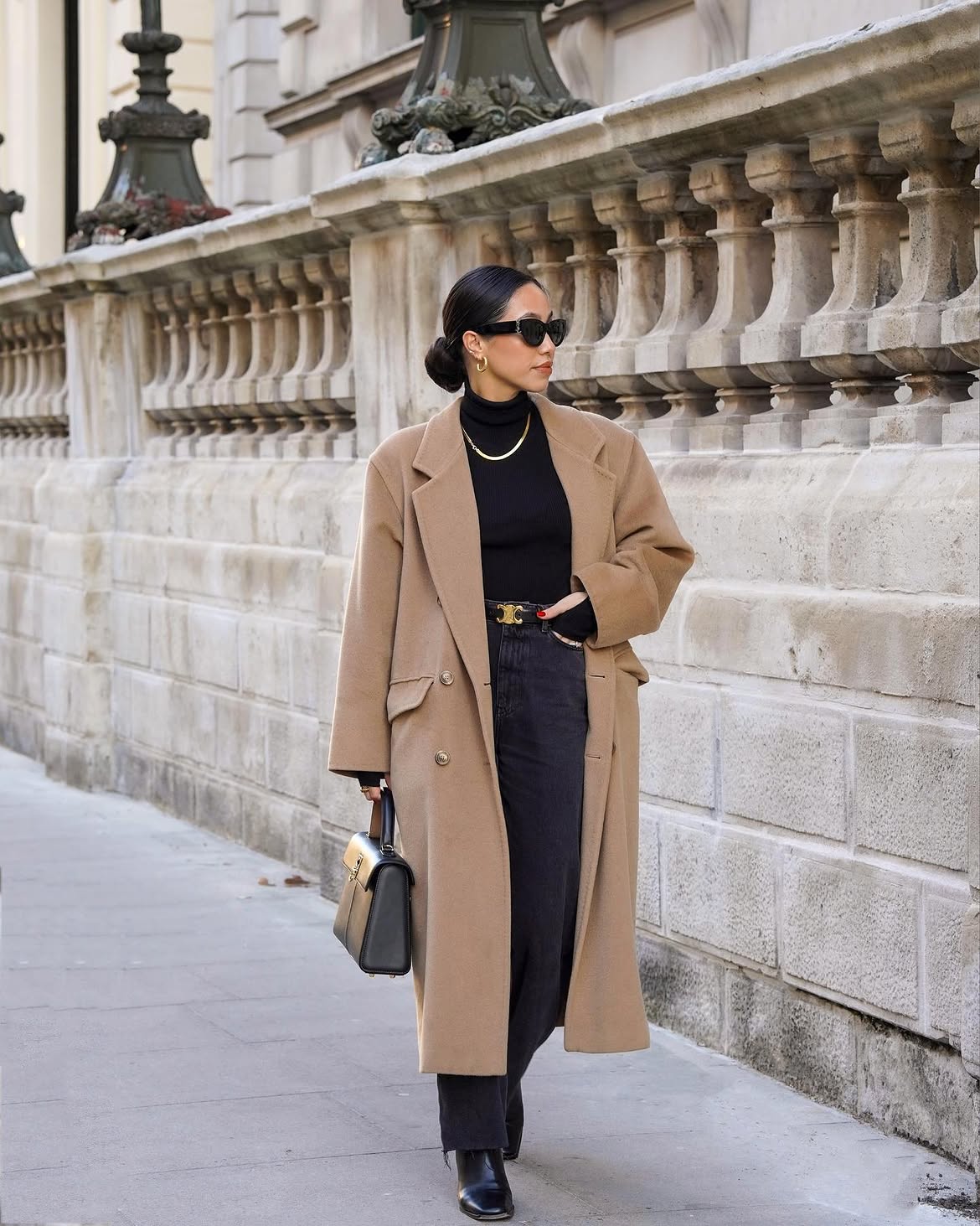 Camel Coat, Black Turtleneck and Dark Wash Jeans Outfit