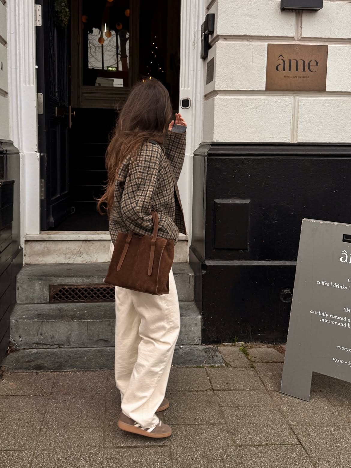 Checked Blazer with Cream Wide Leg Trousers