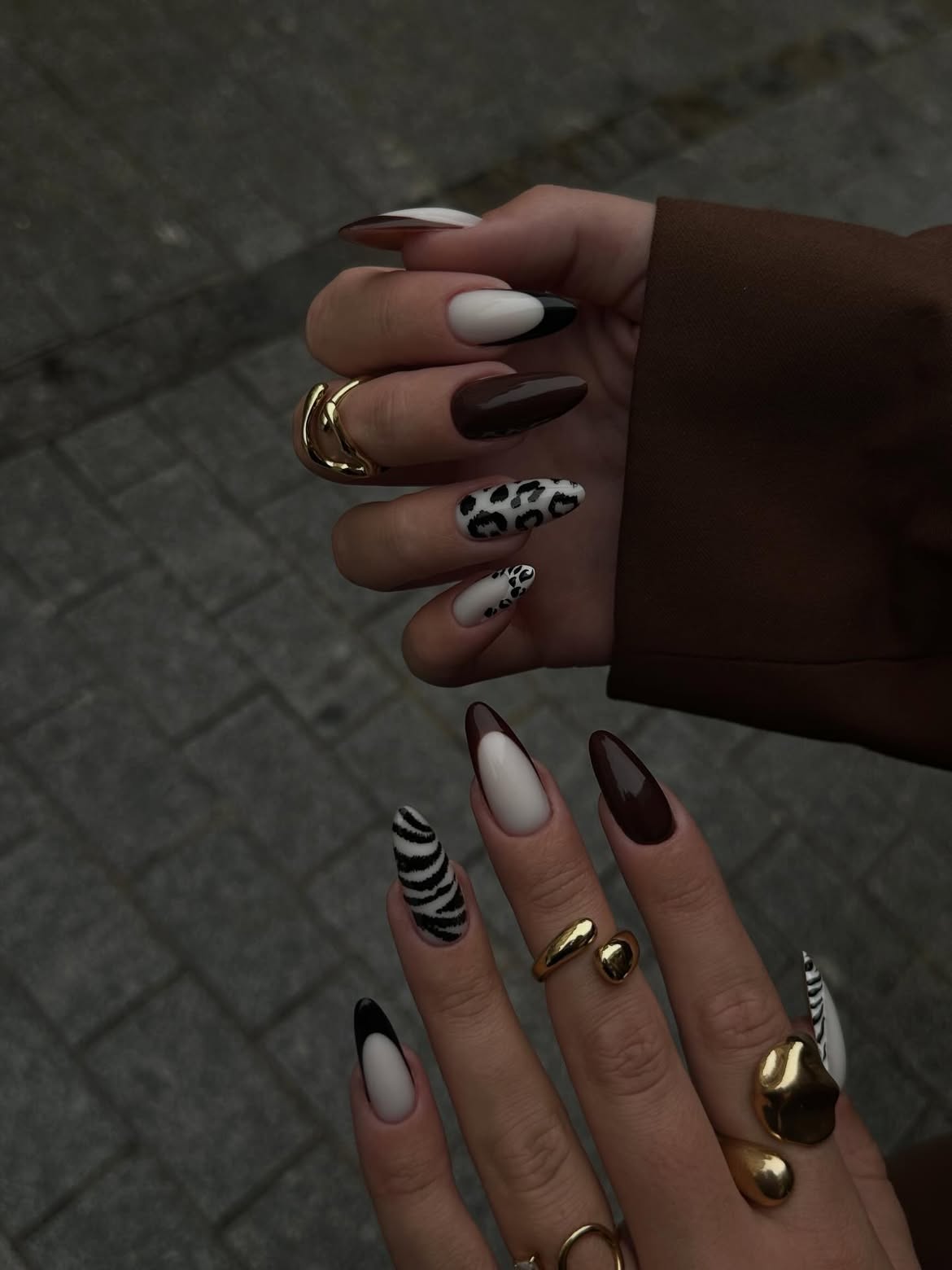 Chic Animal Print & Brown French Almond Nails