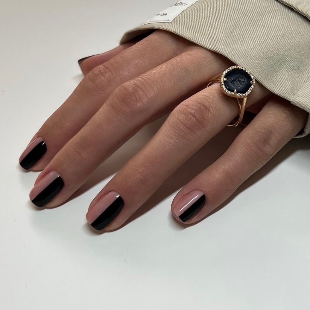Chic Black and Nude Diagonal Split Nails