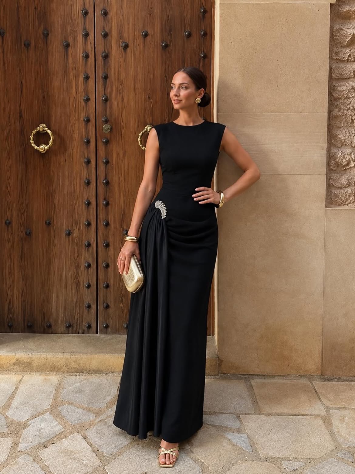 Chic Black Maxi Dress With Gold Accents