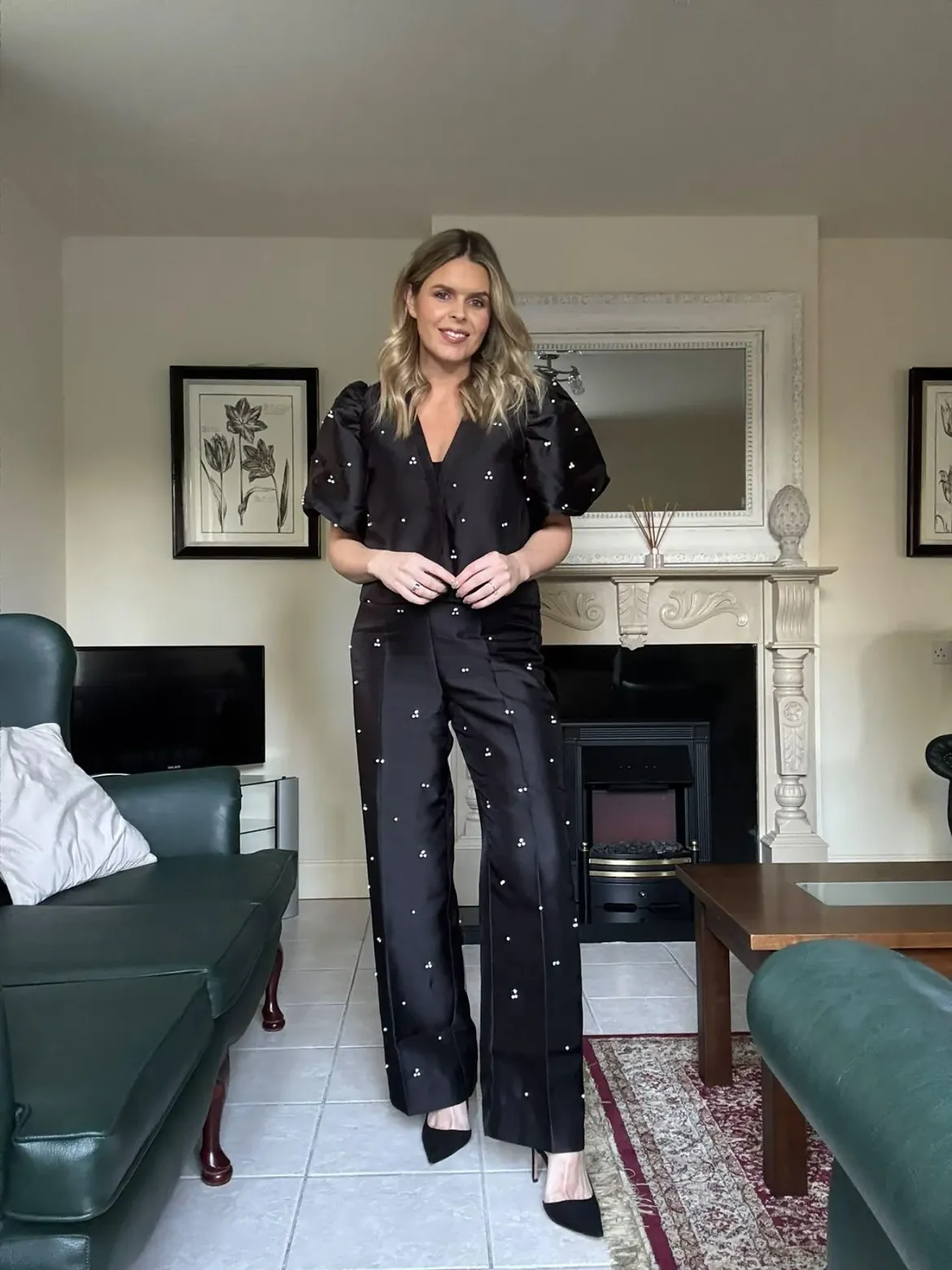 Chic Black Pearl Embellished Wide Leg Pants Set