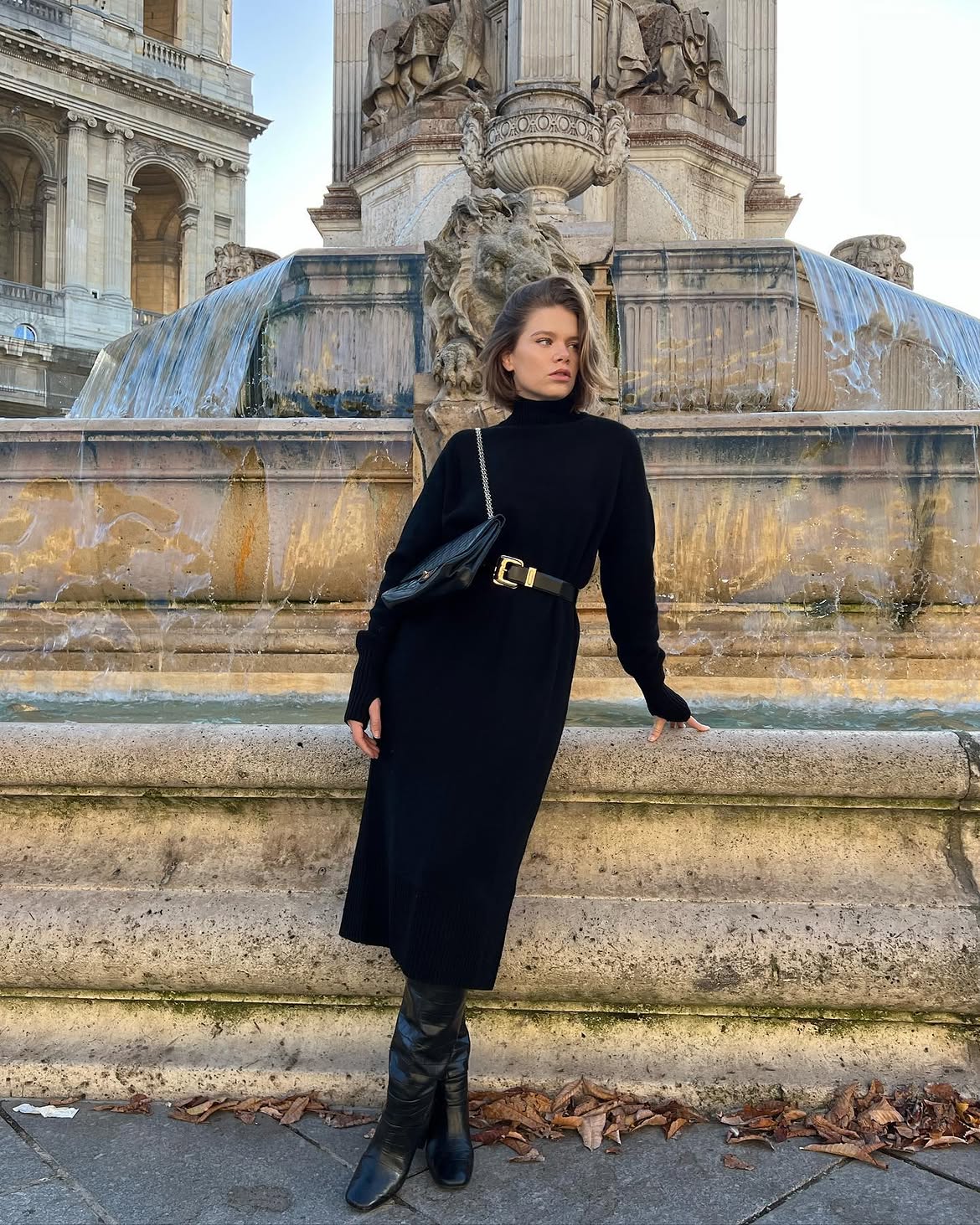Chic Black Turtleneck Sweater Dress With Knee-High Boots