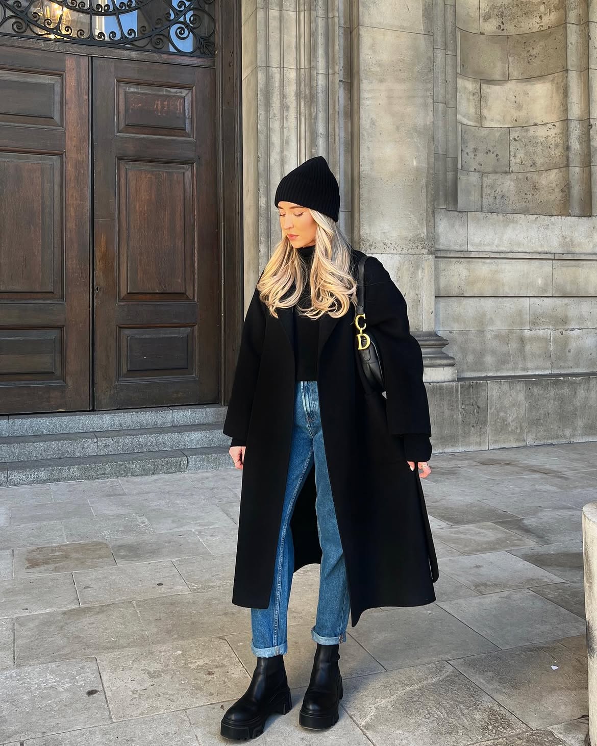 Chic Black Wool Coat With Blue Jeans