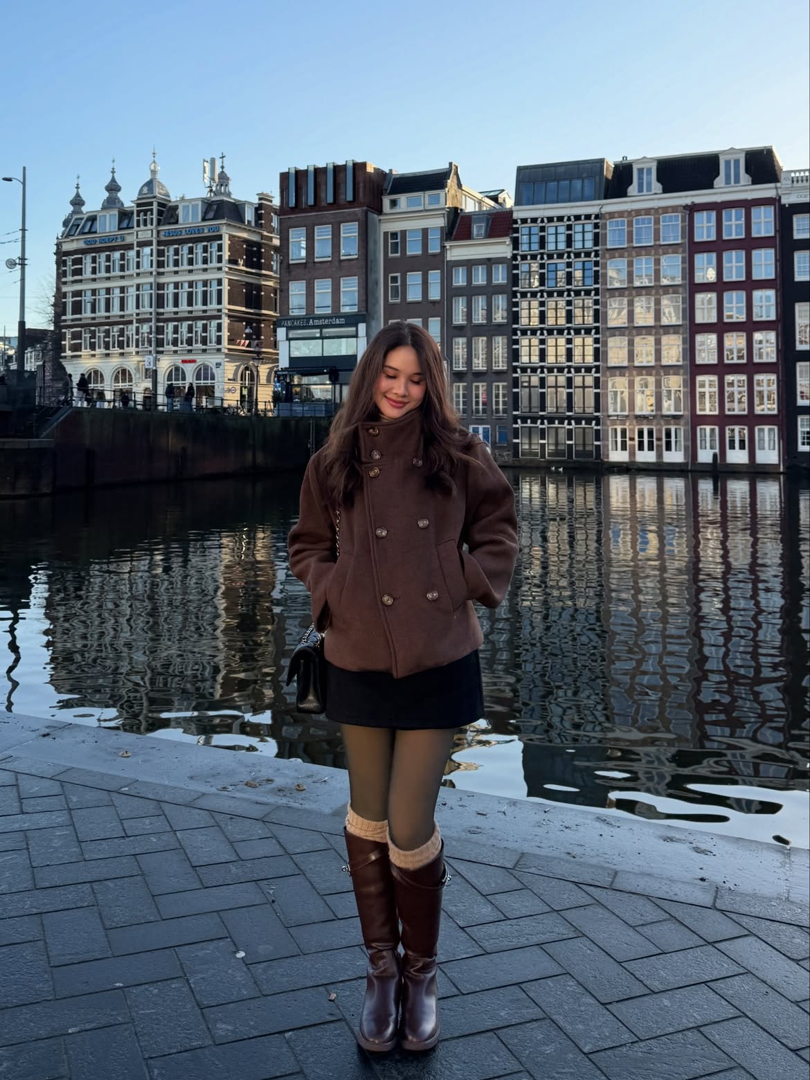 Chic Brown Peacoat With Mini Skirt Winter Look