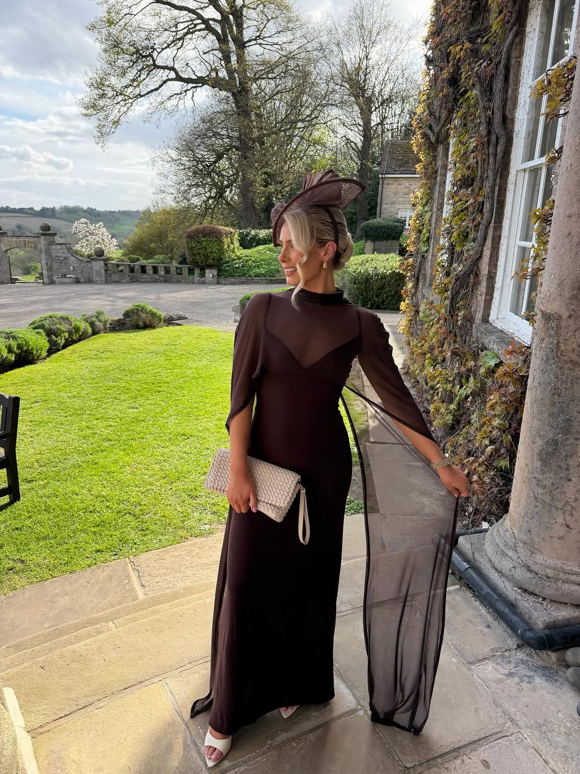 Chic Brown Sheer Sleeve Maxi Dress For Wedding Guest