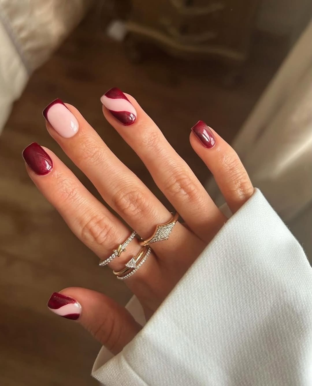 Chic Burgundy and Pink Swirl French Tips