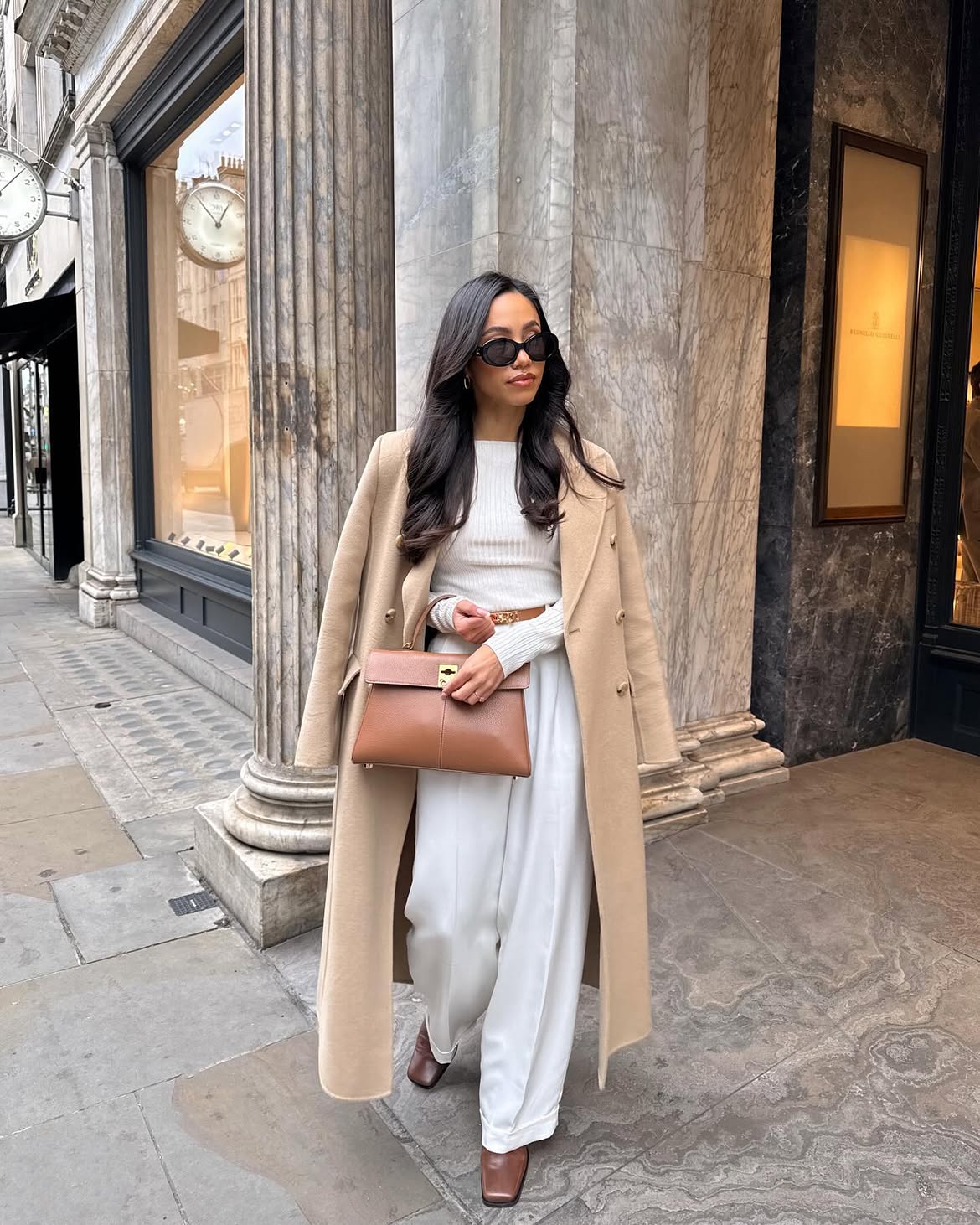 Chic Camel Coat Over Cream Wide-Leg Trousers
