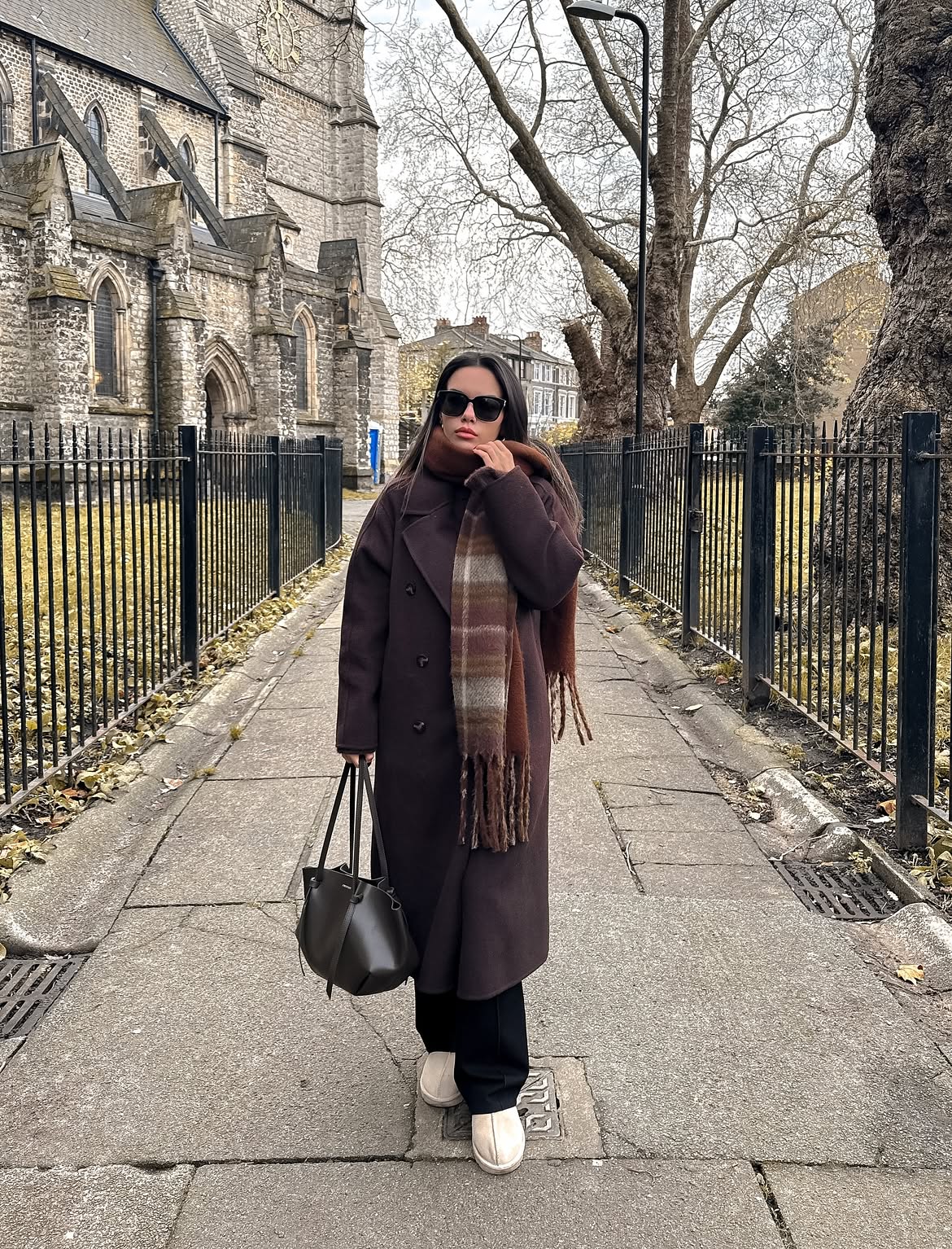 Chic Dark Brown Wool Coat With Plaid Scarf