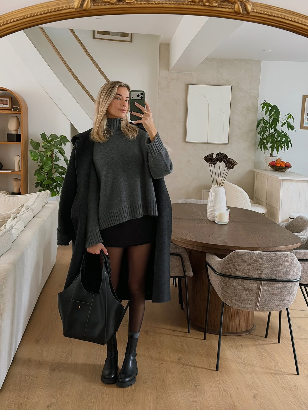 Chic Dark Grey Turtleneck And Black Coat Outfit