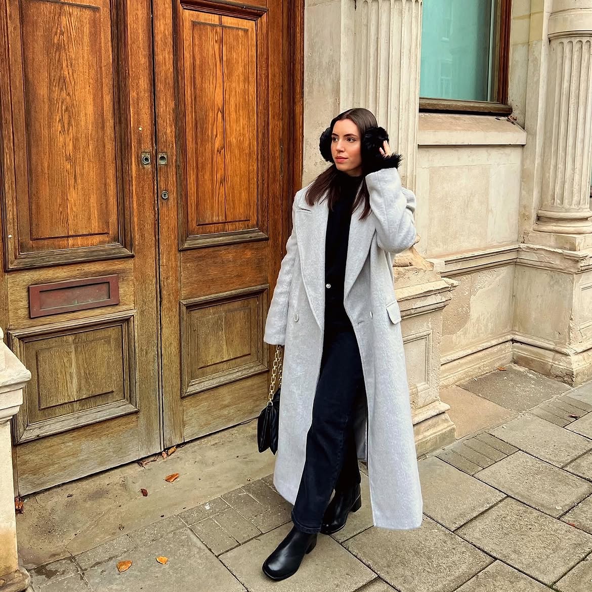 Chic Grey Maxi Coat With Black Base Layers