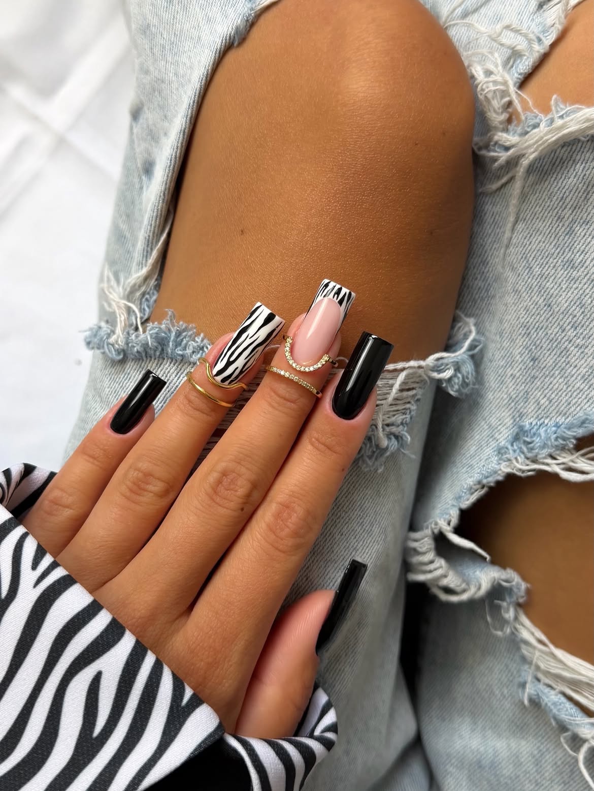 Chic Zebra Print and Black French Tips