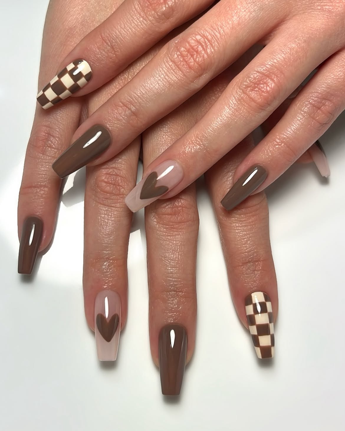 Chocolate Checkerboard & Heart Coffin Nails