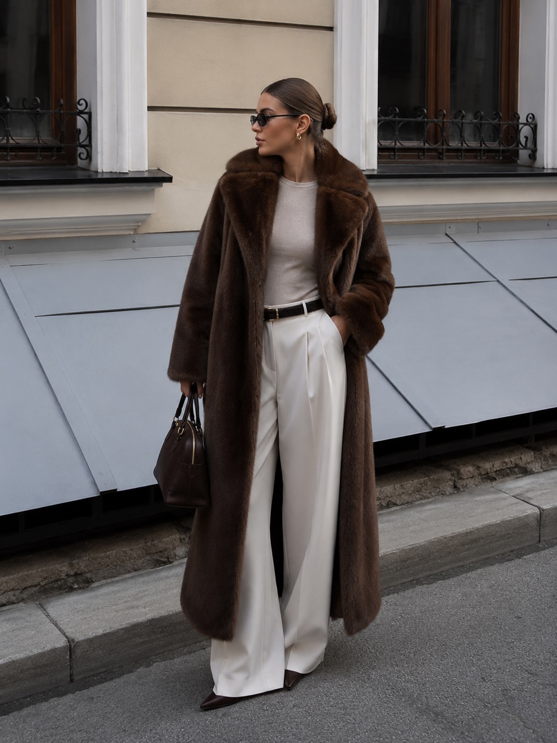 Chocolate Faux Fur Coat Over Cream Wide-Leg Trousers