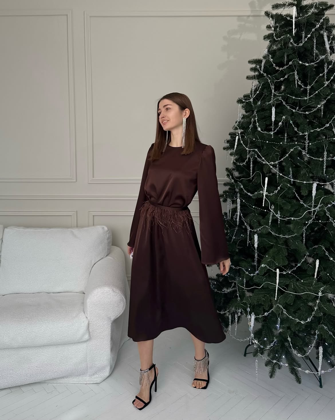 Chocolate Satin Dress with Feather Trim and Rhinestone Heels
