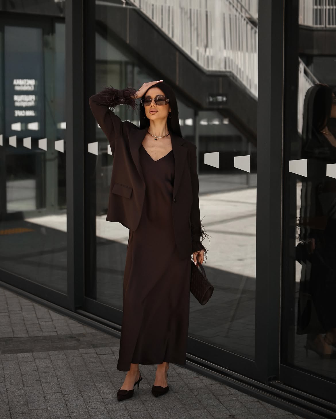 Chocolate Slip Dress And Feather Trim Blazer
